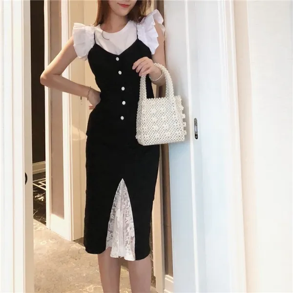 여성 코디세트 프릴 숄더 셔츠 레이스 원피스 세트