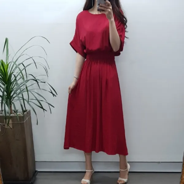 제이후 린넨 밴딩 반팔 롱 원피스