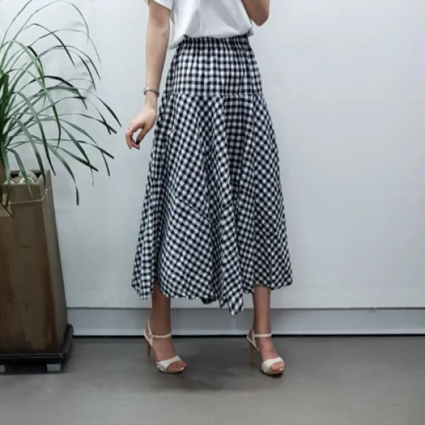 제이후 체크 밴딩 플레어 롱 스커트