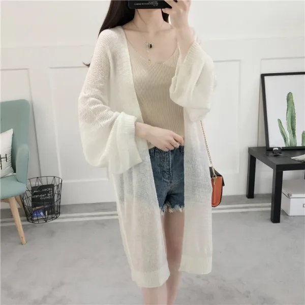 ZoneSHOP 간절기 여자 롱 니트조끼 반팔 시스루 여성가디건