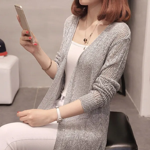 알리팡(Alipang) 도오빠 여름 롱 가디건 여성 캐주얼 펀칭 시스루 니트 봄 가을