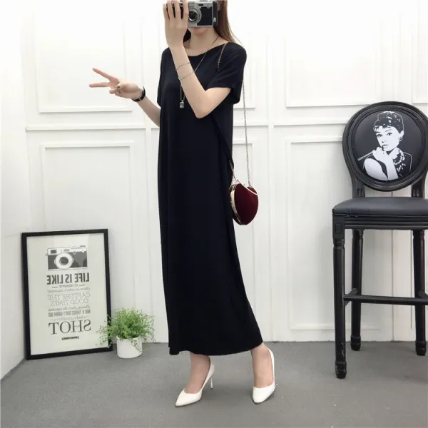 Eastgen 여성 롱원피스 맥시 반팔 라운드 루즈핏 데일리 면 데일리 여름신상