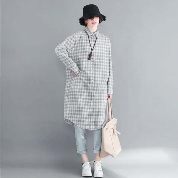 아이엠몽 여성 빅사이즈 체크 롱셔츠 소프트 루즈핏남방 롱원피스 가을셔츠