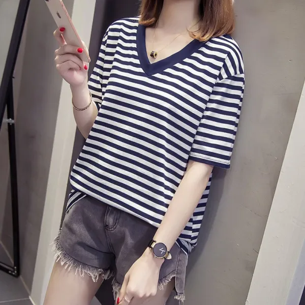 패션이루 브이넥 반팔 여성 면 숏 스트라이프 캐주얼 티셔츠zst