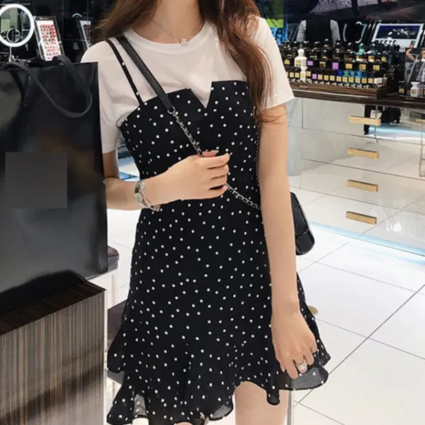 뷔스티에 도트 프릴 탑 원피스 세트