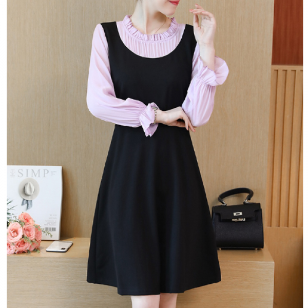 마마퀸 여성빅사이즈 넥 프릴 쉬폰 블라우스원피스 [1컬러 L-5XL] 빅사이즈원피스