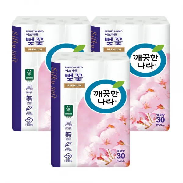 깨끗한나라 벚꽃 프리미엄 3겹 27m 30롤 3팩 롤화장지