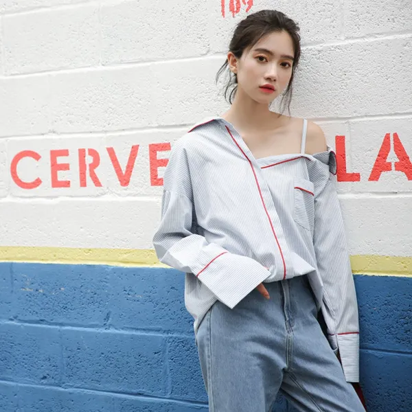 유블리 가을 여성 블라우스 크레이 스트라이프 셔츠 긴팔 남방
