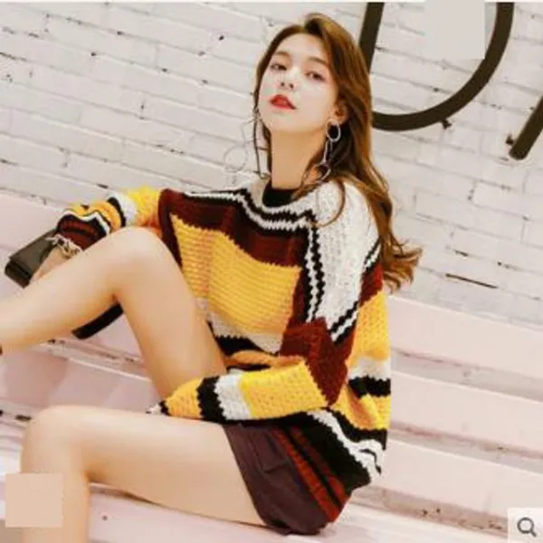 Womantop 북유럽풍티셔츠여성상의윗옷캐주얼티섹시옷남방uk295 R976 New가을신상 여성의류 복고풍 스트라이프 자카드 라운드넥 니트셔츠