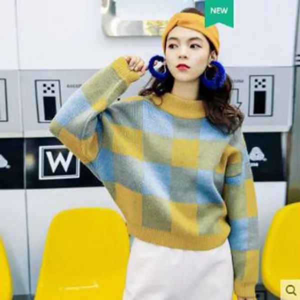 Womantop 북유럽풍티셔츠여성상의윗옷캐주얼티섹시옷남방uk295 R976 New가을신상 여성의류 복고풍 체크무늬 루즈핏 니트셔츠