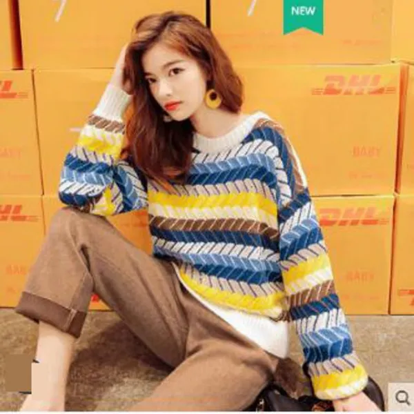 Womantop 북유럽풍티셔츠여성상의윗옷캐주얼티섹시옷남방uk295 R976 New가을신상 여성의류 복고풍 스트라이프 라운드넥 니트셔츠