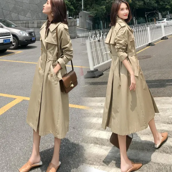 Samara 가을 여자 루즈핏 캐주얼 롱 버튼 트렌치 코트