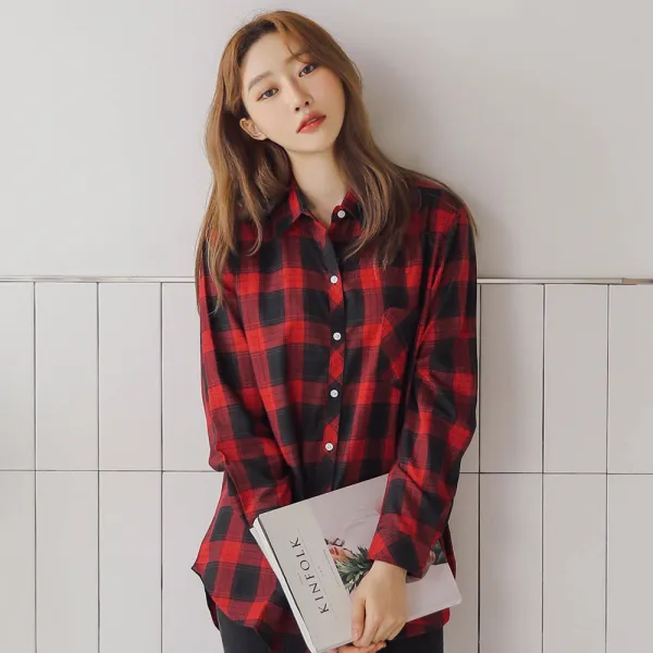 제이앤몰스 여성용 체크 셔츠남방 레드큐브