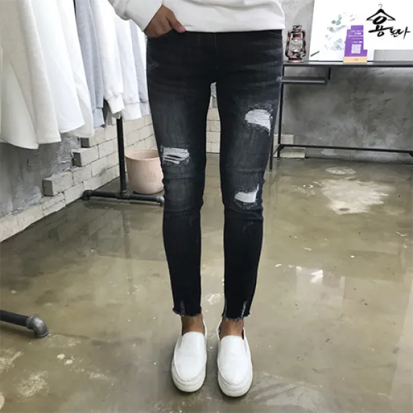 용된다 데미지 흑청 밑단 빈티지 가을 남자 컷팅진 브리지 610