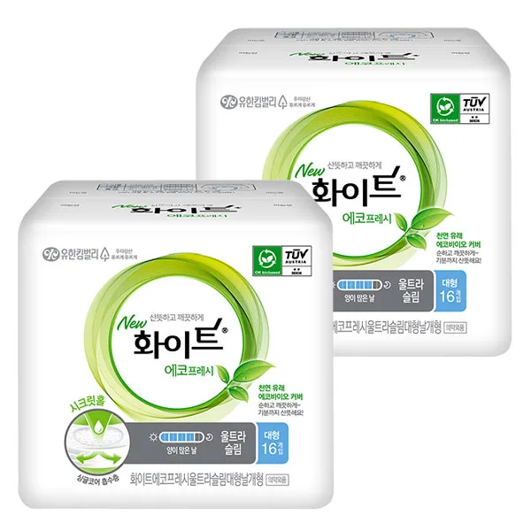 화이트 에코프레시 울트라날개 대형16px2팩 날개형 생리대, 2개, 16매