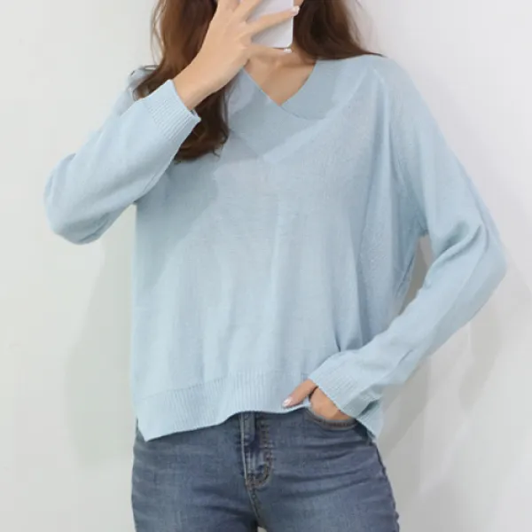 마이너스2인치 여성용 데일리 브이넥 베이직 니트티셔츠