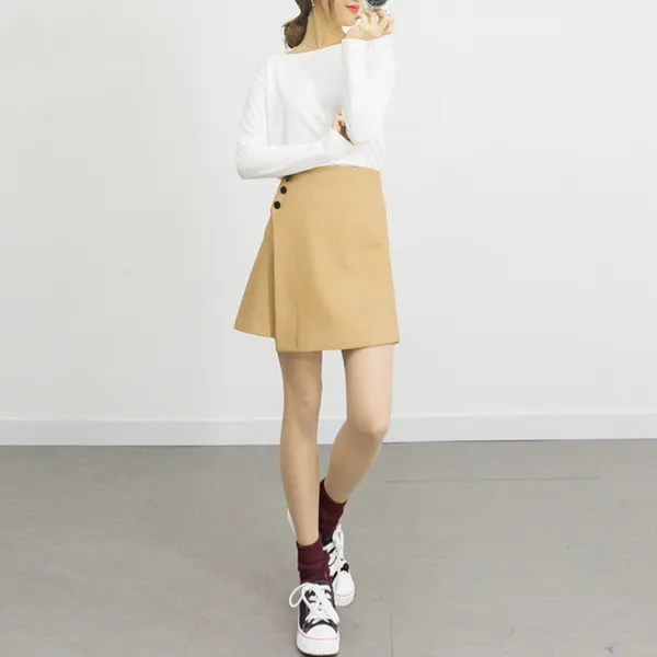 미미야 SK1384-쓰리 버튼 A라인 랩 스커트 데일리룩 내추럴룩 페미닌 랩스커트 버튼스커트