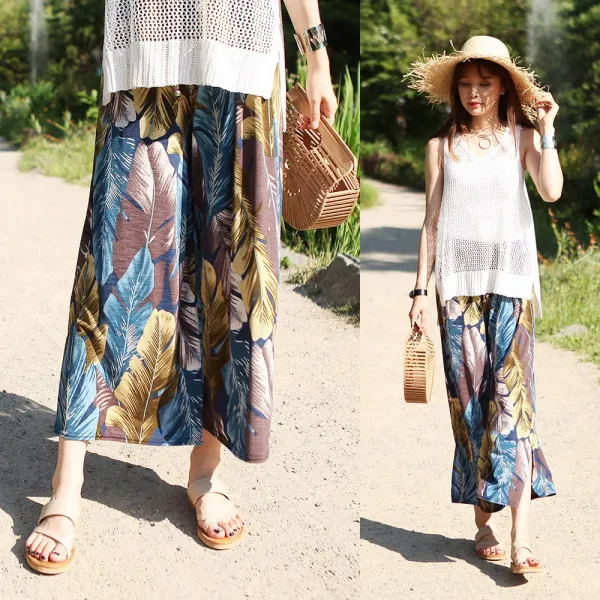 하늘바라기 여성용 야자수 와이드 팬츠