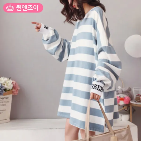 [퀸앤조이] 면 95% 스트라이프 롱롱 맨투맨 ***면제품은 에스에스케이무역 선택후 구매해주세요.. 브랜드 명의 도용 고소준비중이고 폴리제품 구매후 에스에스케이무역에 연락하지 말아주세요***