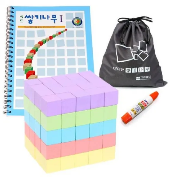 SS1810 쌓기나무2.5cm 칼라(파스텔)100+교재1권 주머니 목공풀포함/정육면체, 쌓기나무 3단계