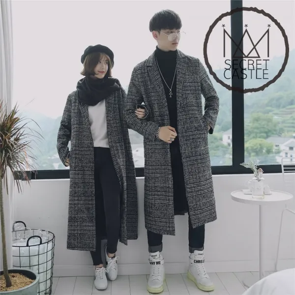 비밀의성 남녀 카라 체크 뒷 트임 루즈핏 롱 코트