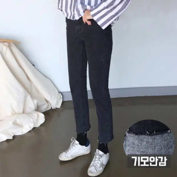 마이너스2인치 여성용 밑단컷팅 기모데님 일자진