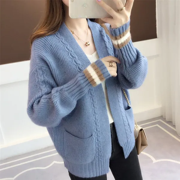 넷투넷코리아 여성 가성비 가디건 소매 배색 꽈배기 캐주얼 니트 스웨터