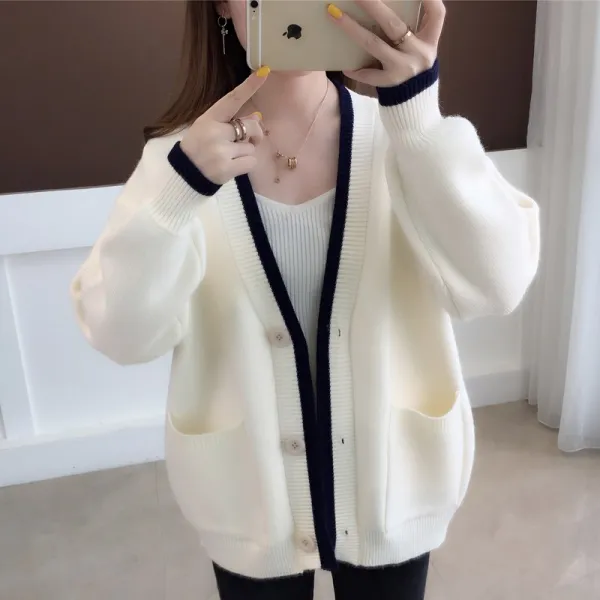 넷투넷코리아 여자 배색 가디건 컬러 브이넥 캐주얼 니트 아우터 스웨터