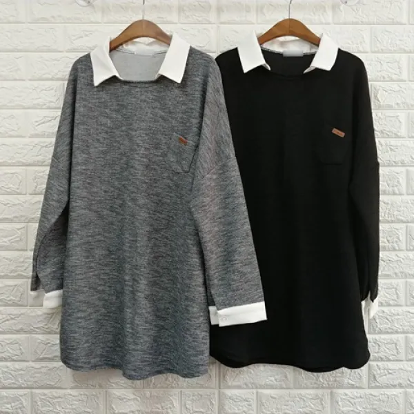 빅걸스토리 빅사이즈 여성용 카라 미니 포켓 티라미슈 롱 티셔츠