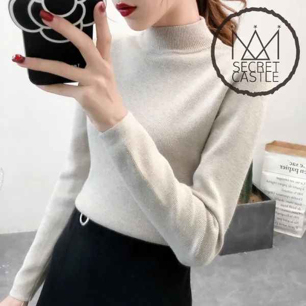 비밀의성 여자 반폴라 심플 무지 슬림핏 니트