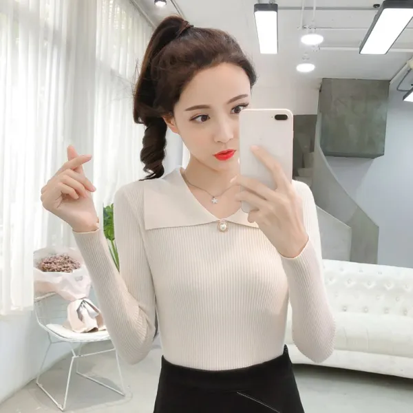 넷투넷코리아 여성 브이넥 진주 장식 니트 티셔츠 컬러 슬림핏 긴팔 캐주얼