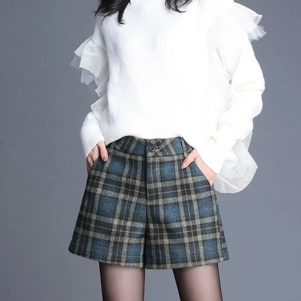 [옴니아] 여성모직반바지 체크울팬츠 겨울하이웨스트바지 빅사이즈데일리룩슬림핏J09