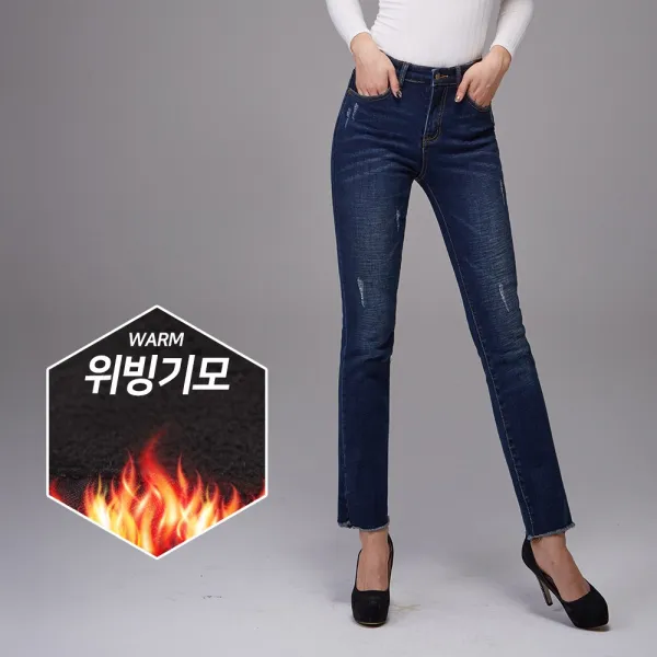 진마니아 위빙 기모 일자 블루 스판 내츄럴 여성 겨울 청바지 WJM-905