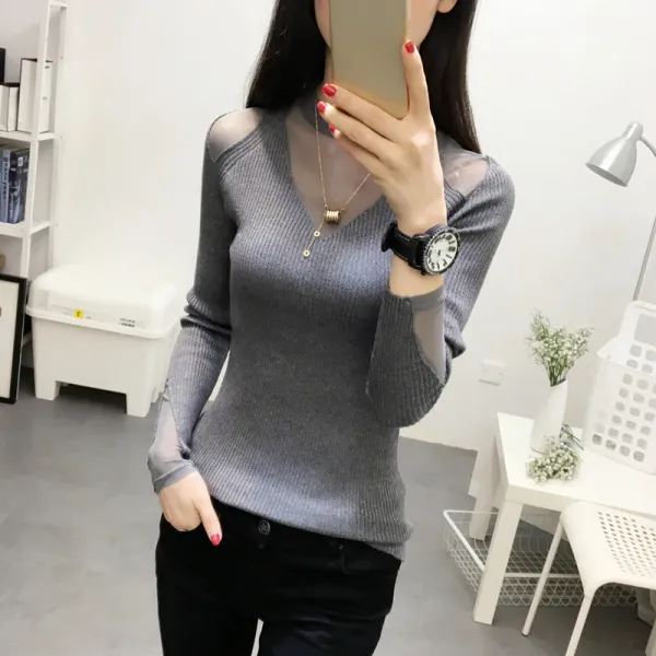 Zoneshop 여성 라운드니트티 망사 골지 슬림핏 레이스 단체티q6 561874977892