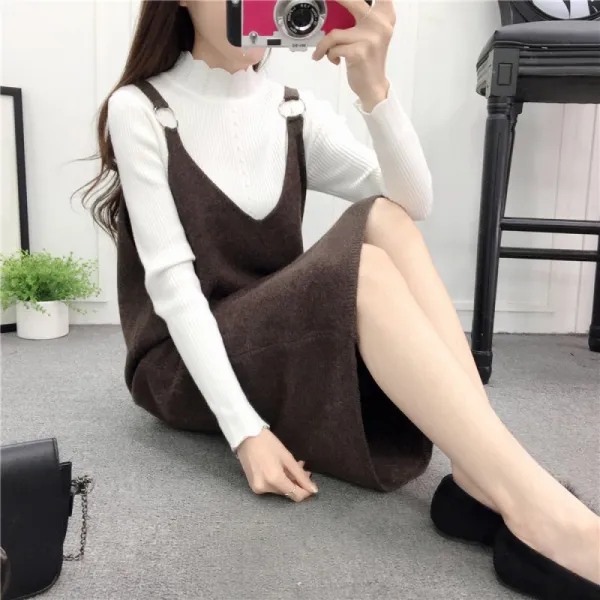 Qterra 산타 빅사이즈 원피스 뷔스티에 단추 멜빵 여성 롱 니트 Aw1119 Ai13