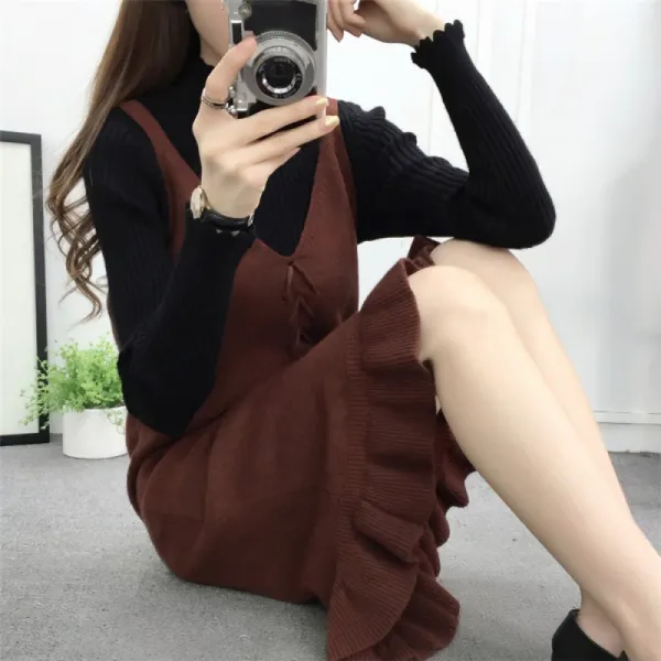 Qterra 특허브랜드 빅사이즈 원피스 뷔스티에 단추 멜빵 여성 롱 니트 Aw1119 Ai19
