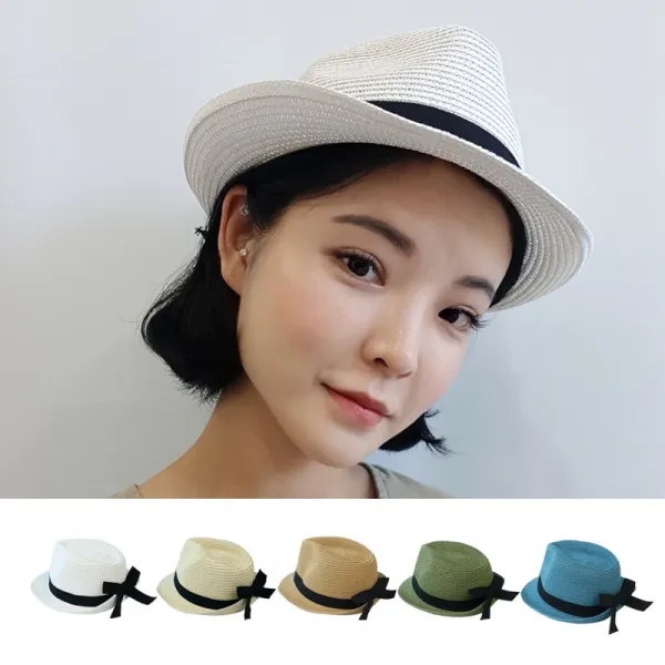 SH101-1 쁘띠 리본 중절모 남녀공용 커플페도라 여름모자 밀짚모자 비치모자 여자모자 여자페도라 밀짚페도라