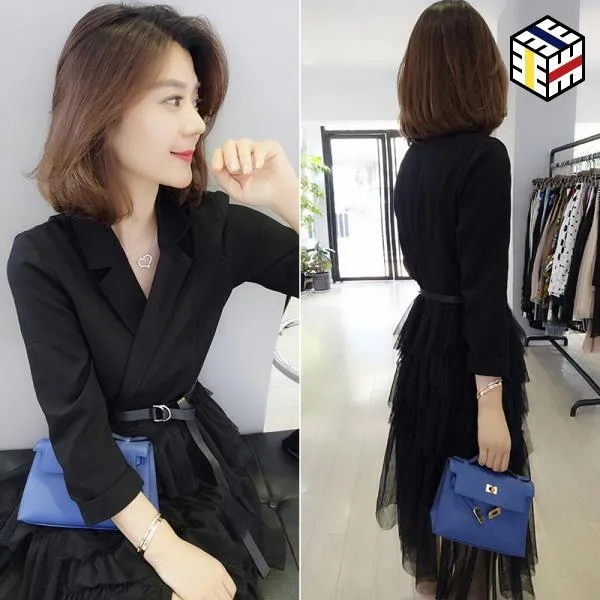 원피스 캐주얼 정장 긴팔 만든 패션 레오파드 바느질 긴 드레스