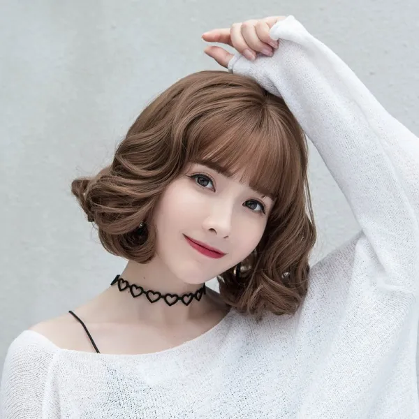 네브 여성 보보 가발 곱슬 머리 예쁜 단발머리 녹색 나무 리넨 재 1개