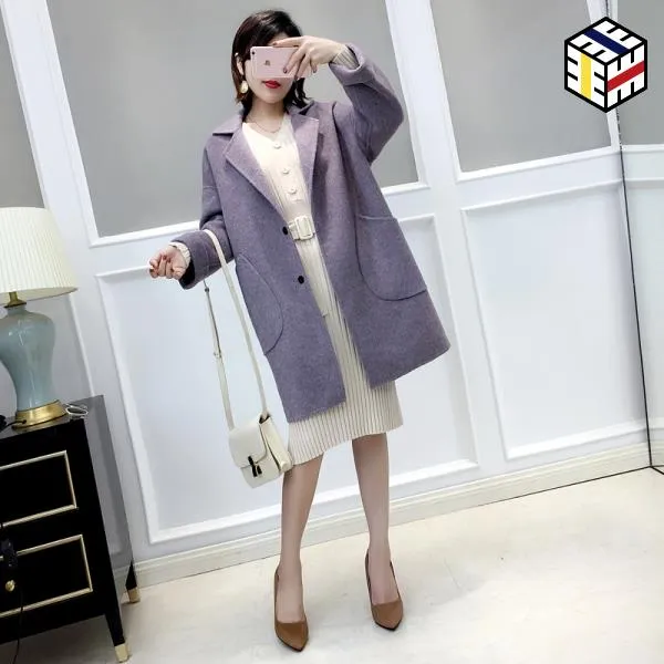 코트 롱 울 여성 고의 레이스 허리 양털 후드 루즈핏