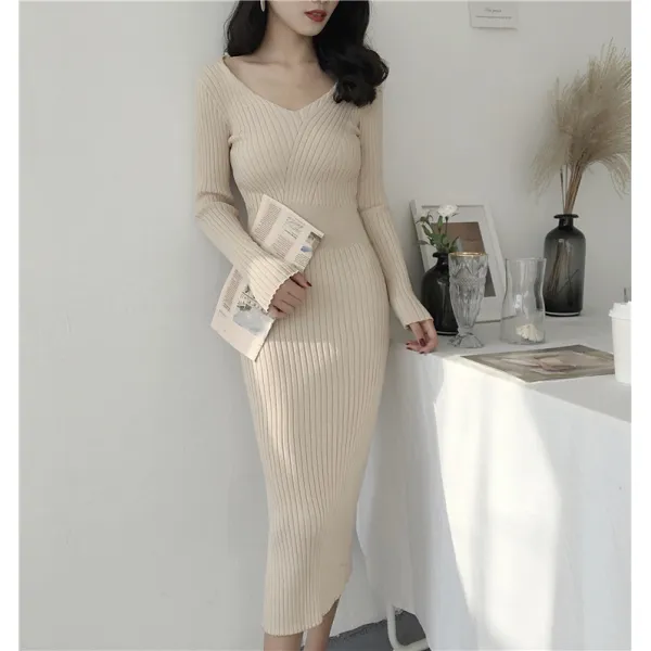 여성 브이넥 슬림핏 골지 롱 니트 원피스 여신룩 날씬해 보이는 핏 걸스데일리