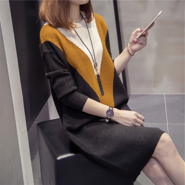 여성 의류 루즈 핏 빅사이즈 라운드 스웨터 롱 원피스 브이 배색 포인트