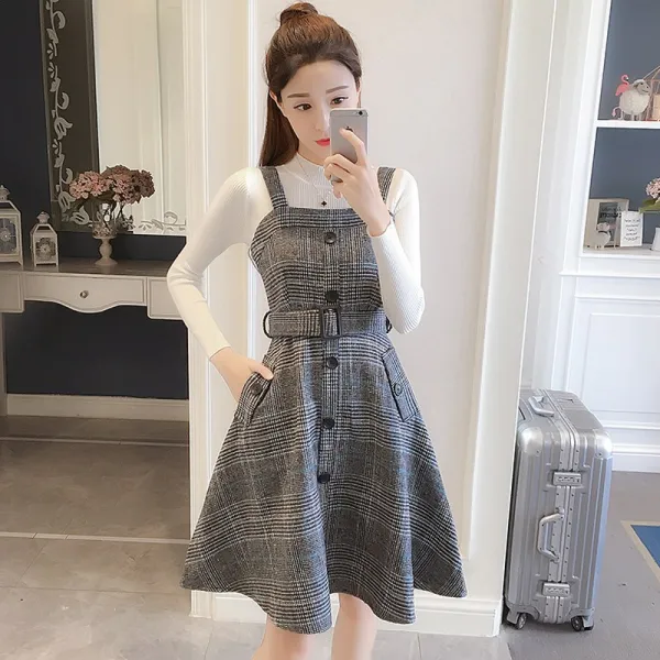 여성 겨울 라운드넥 화이트 기본티 원피스 세트 심플 하객원피스 플레어 치마