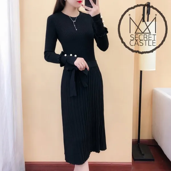 비밀의성 여자 소매 진주 포인트 허리리본 롱 원피스