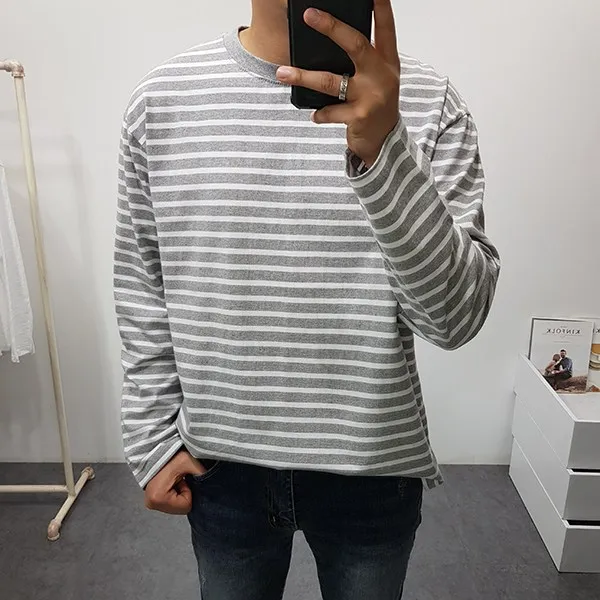 굿스옷장 남성용 가을 오버핏 스트라이프 티셔츠