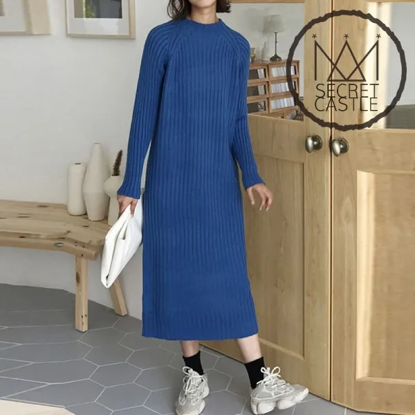 비밀의성 여자 라운드 골지 루즈핏 니트 롱 원피스