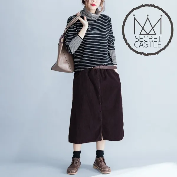 비밀의성 여자 허리벨트 앞트임 박시 골덴 롱 스커트