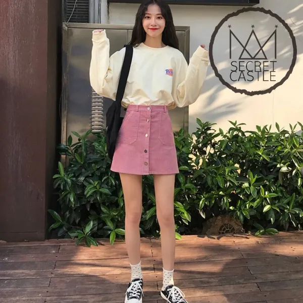 비밀의성 여자 A라인 똑딱이 포켓 골덴 미니 스커트