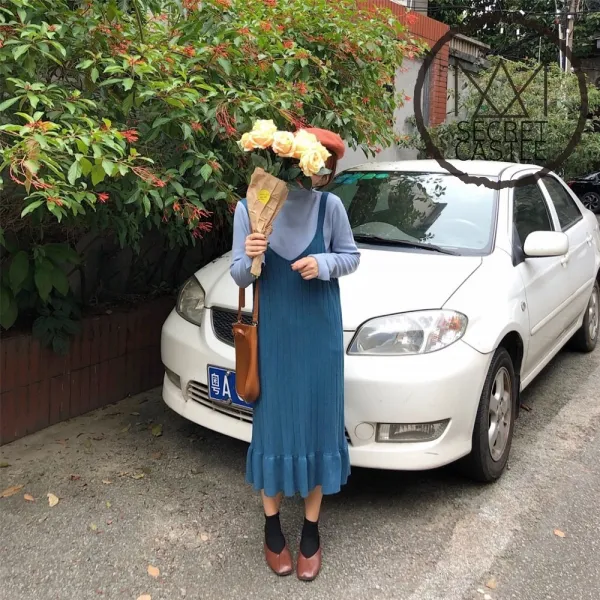 비밀의성 여자 밑단 프릴 골지 나시 니트 롱 원피스