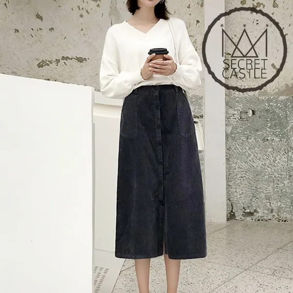 비밀의성 여자 허리 밴딩 단추 포켓 미디 롱 스커트